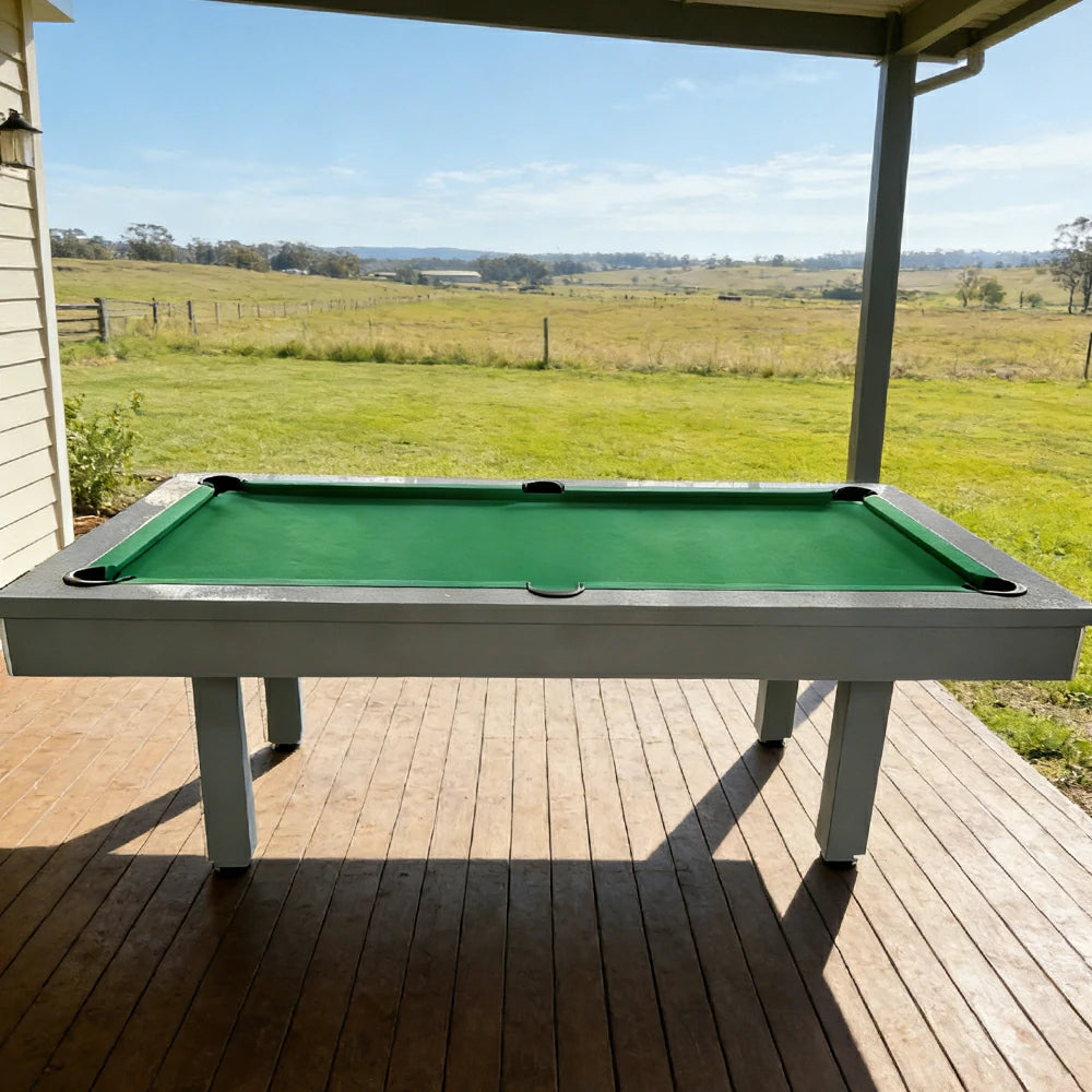 CUETIQ 7FT Outdoor Pool Table - Straight Leg Design Metal Frame Waterproof Billiard Table for Backyard Patio Games - Grey & Green