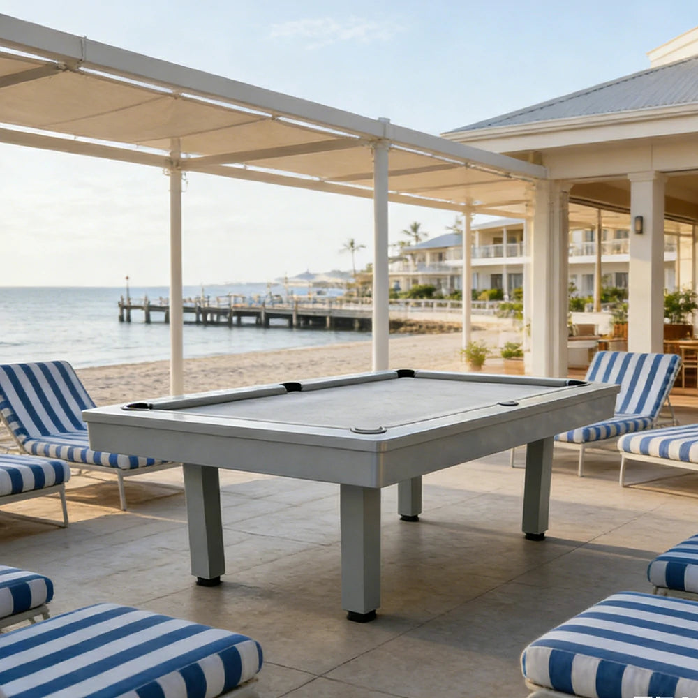 CUETIQ 7FT Outdoor Pool Table - Straight Leg Design Metal Frame Waterproof Billiard Table for Backyard Patio Games - Grey & Grey