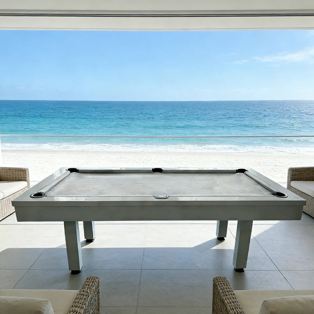 CUETIQ 7FT Outdoor Pool Table - Straight Leg Design Metal Frame Waterproof Billiard Table for Backyard Patio Games - Grey & Grey