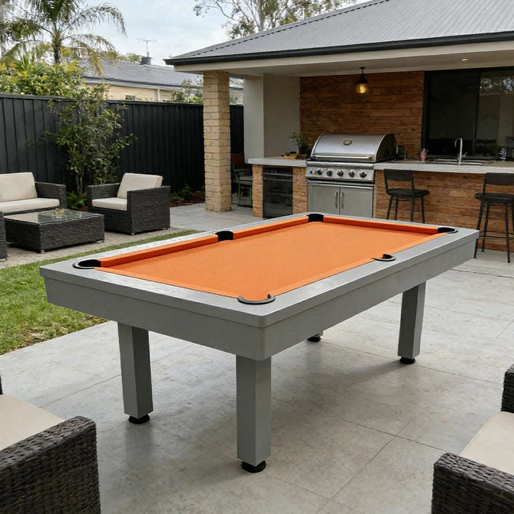 CUETIQ 7FT Outdoor Pool Table - Straight Leg Design Metal Frame Waterproof Billiard Table for Backyard Patio Games - Grey & Orange