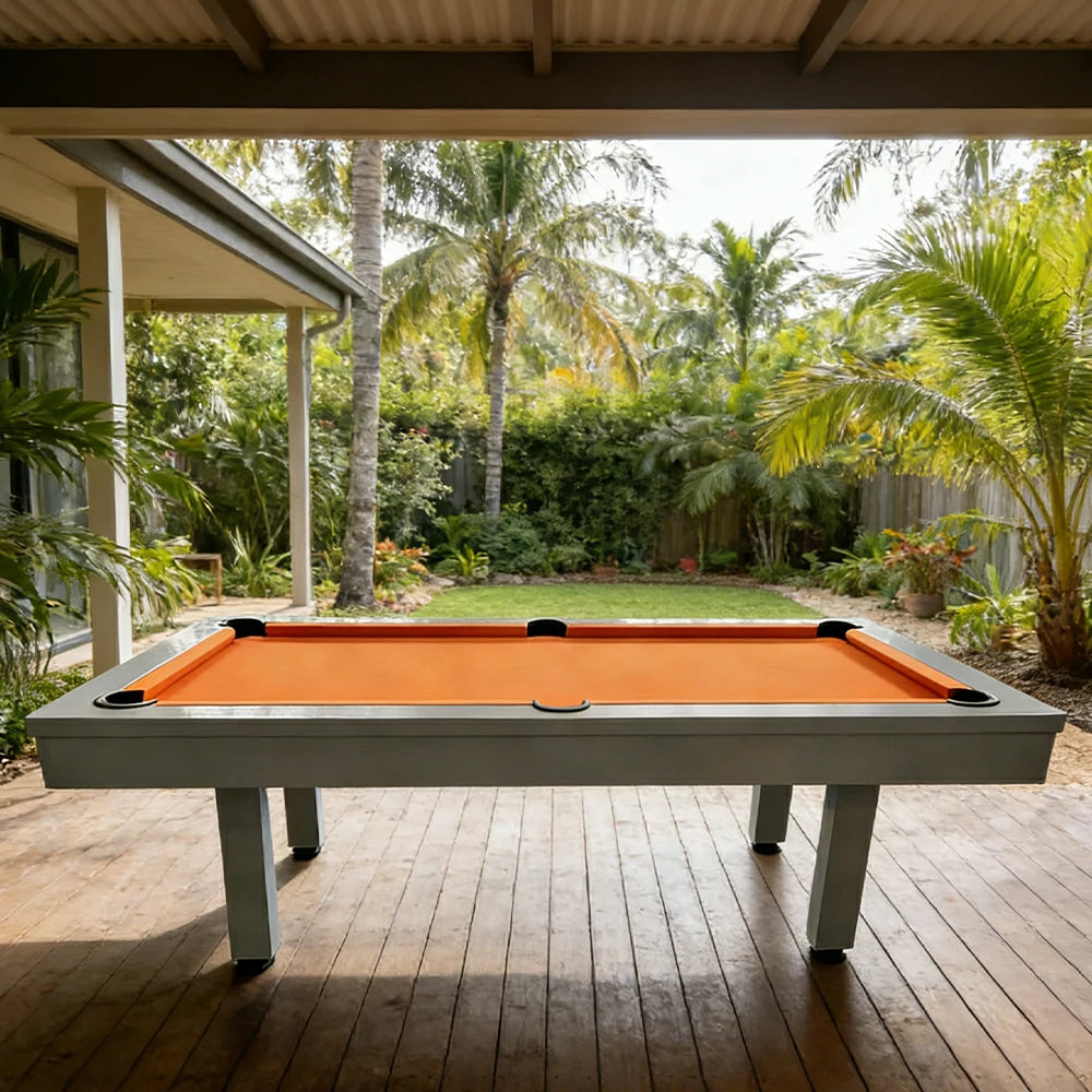 CUETIQ 7FT Outdoor Pool Table - Straight Leg Design Metal Frame Waterproof Billiard Table for Backyard Patio Games - Grey & Orange