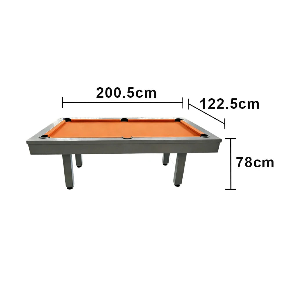 CUETIQ 7FT Outdoor Pool Table - Straight Leg Design Metal Frame Waterproof Billiard Table for Backyard Patio Games - Grey & Orange