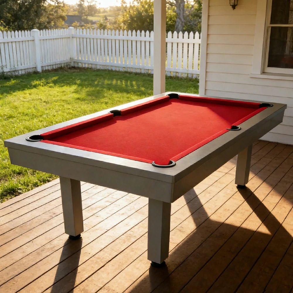 CUETIQ 7FT Outdoor Pool Table - Straight Leg Design Metal Frame Waterproof Billiard Table for Backyard Patio Games - Grey & Red