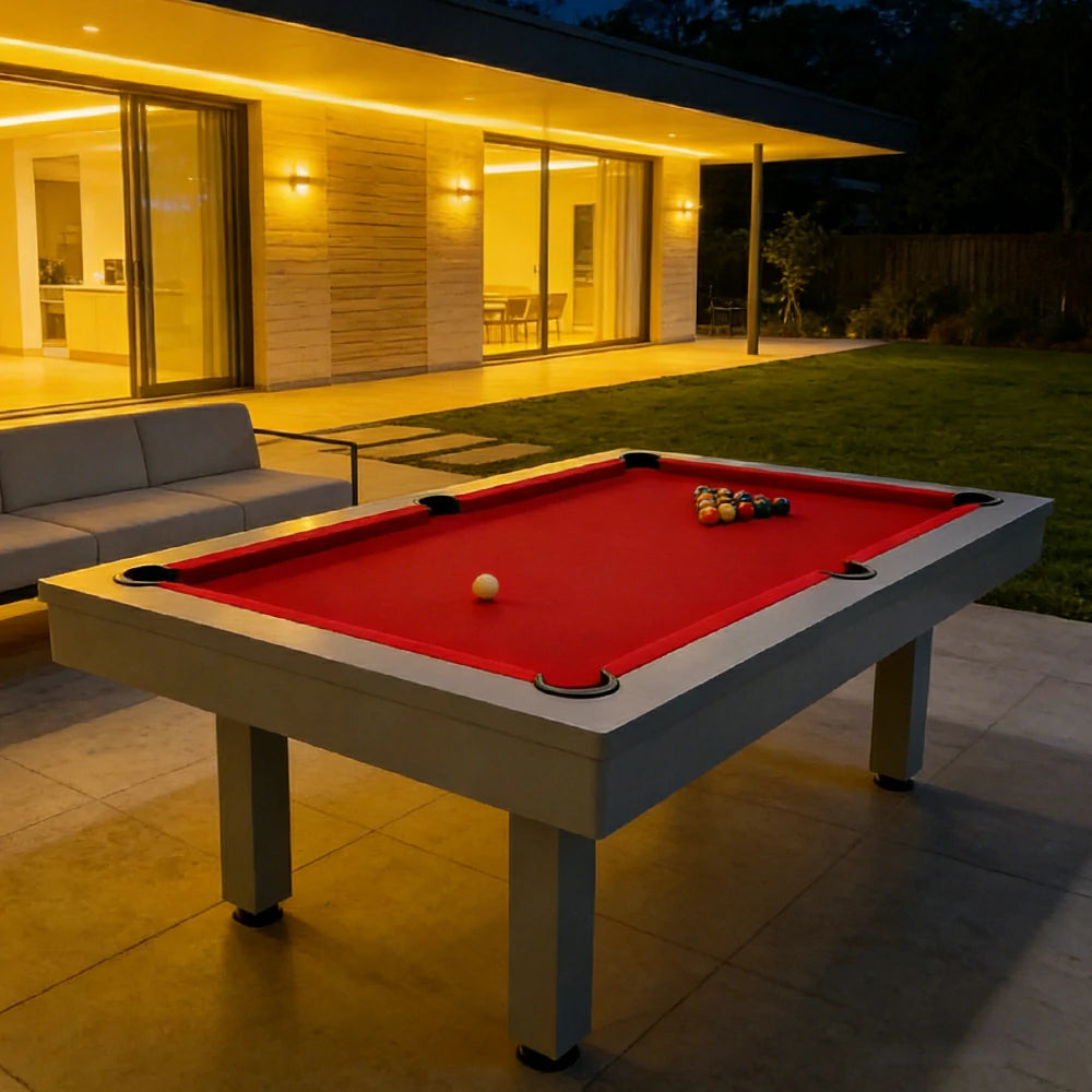 CUETIQ 7FT Outdoor Pool Table - Straight Leg Design Metal Frame Waterproof Billiard Table for Backyard Patio Games - Grey & Red