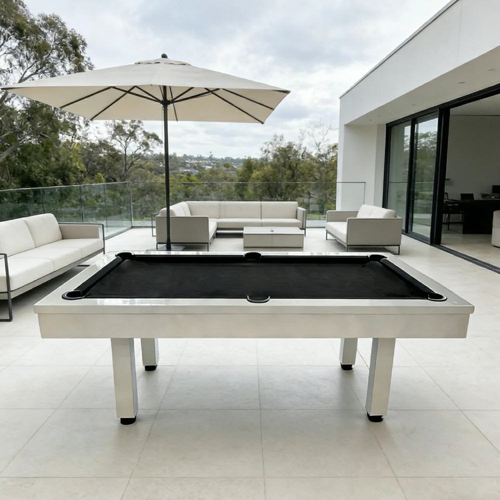 CUETIQ 7FT Outdoor Pool Table - Straight Leg Design Metal Frame Waterproof Billiard Table for Backyard Patio Games - White & Black