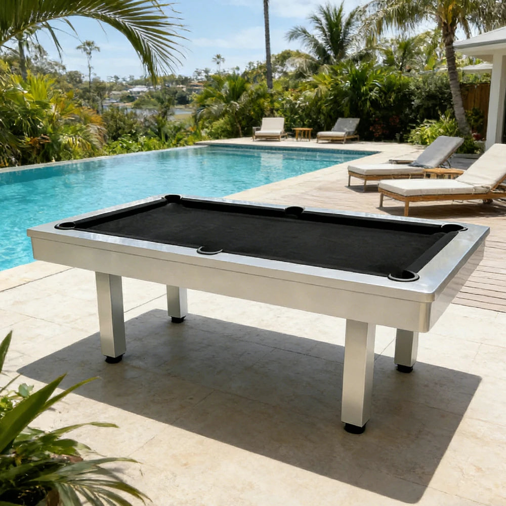 CUETIQ 7FT Outdoor Pool Table - Straight Leg Design Metal Frame Waterproof Billiard Table for Backyard Patio Games - White & Black