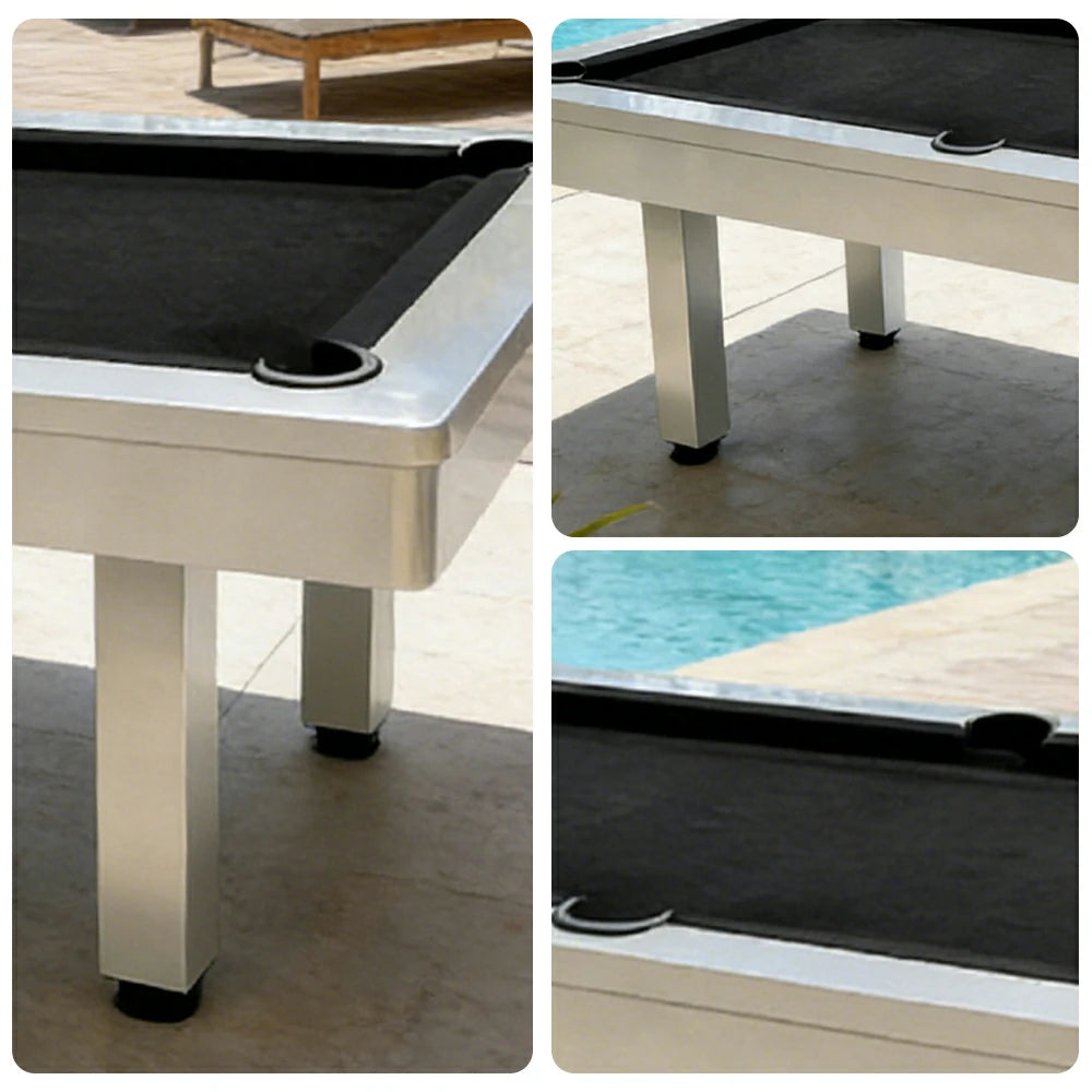 CUETIQ 7FT Outdoor Pool Table - Straight Leg Design Metal Frame Waterproof Billiard Table for Backyard Patio Games - White & Black