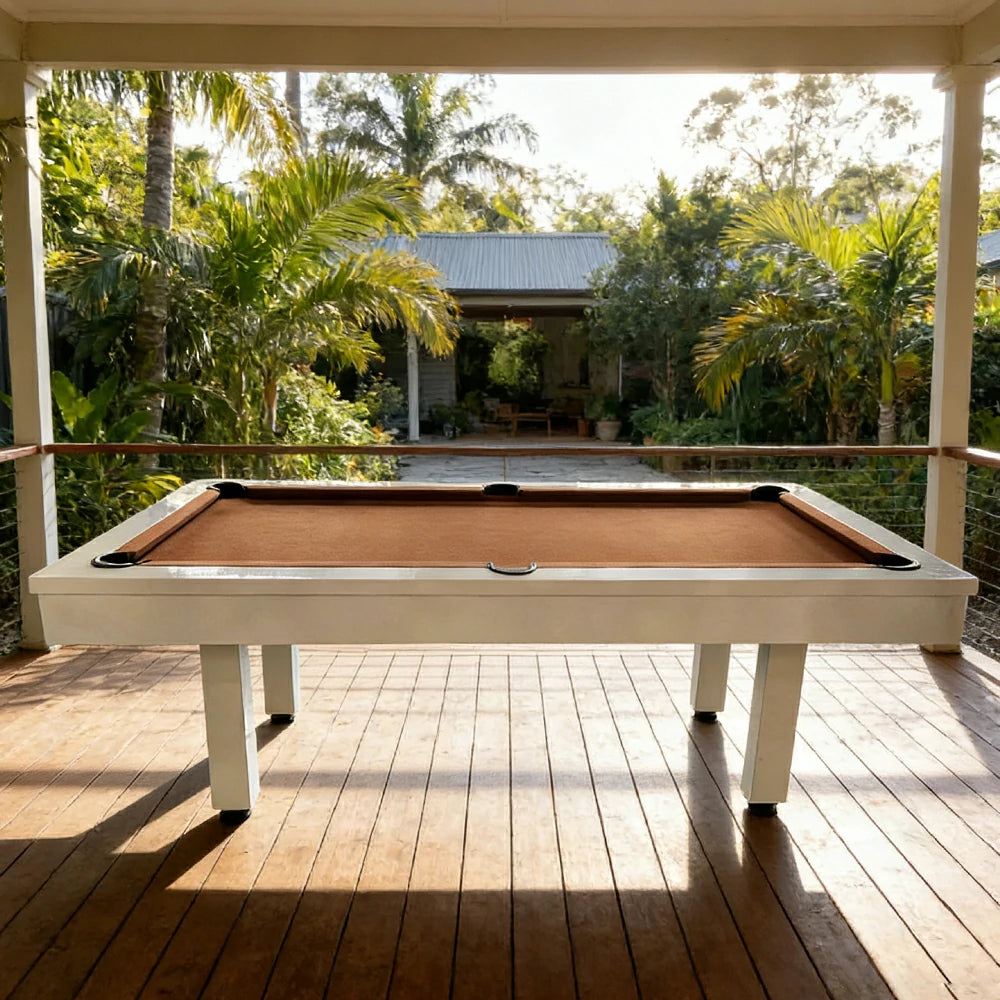 CUETIQ 7FT Outdoor Pool Table - Straight Leg Design Metal Frame Waterproof Billiard Table for Backyard Patio Games - White & Brown