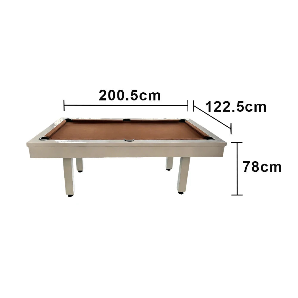 CUETIQ 7FT Outdoor Pool Table - Straight Leg Design Metal Frame Waterproof Billiard Table for Backyard Patio Games - White & Brown