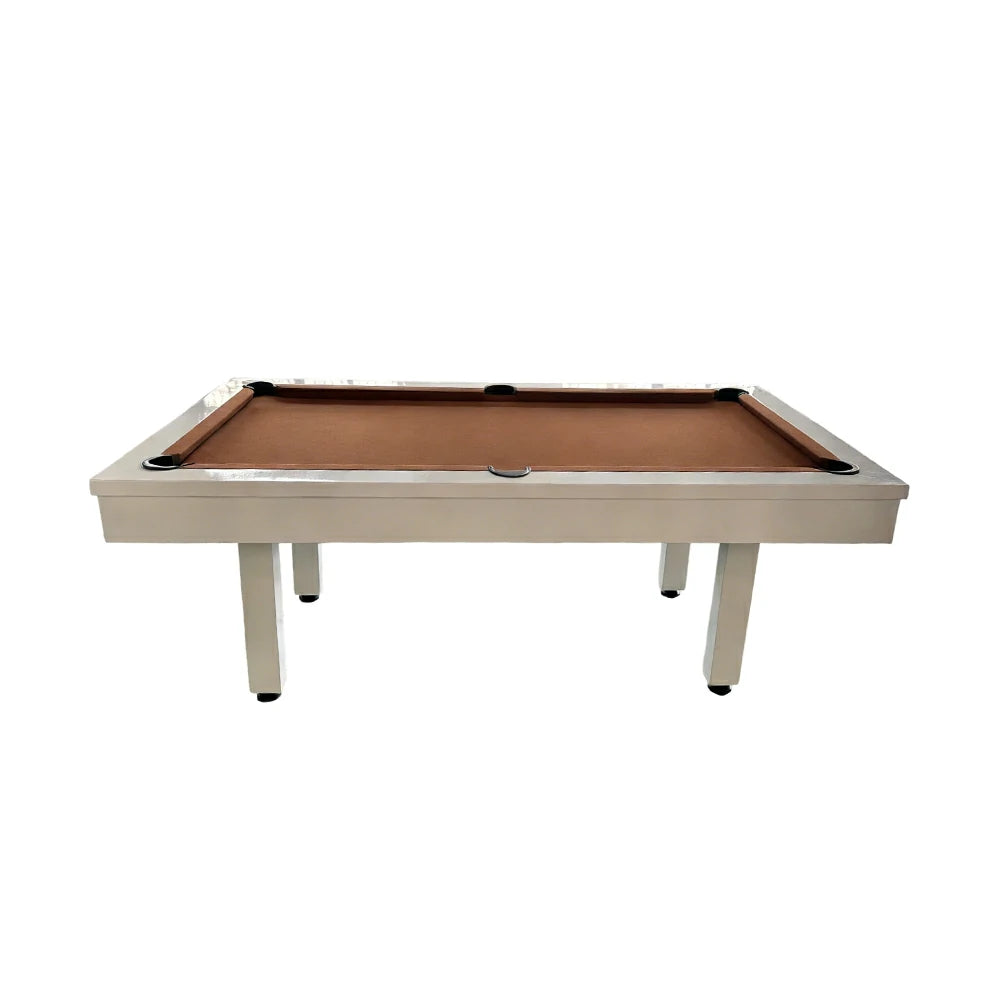 CUETIQ 7FT Outdoor Pool Table - Straight Leg Design Metal Frame Waterproof Billiard Table for Backyard Patio Games - White & Brown