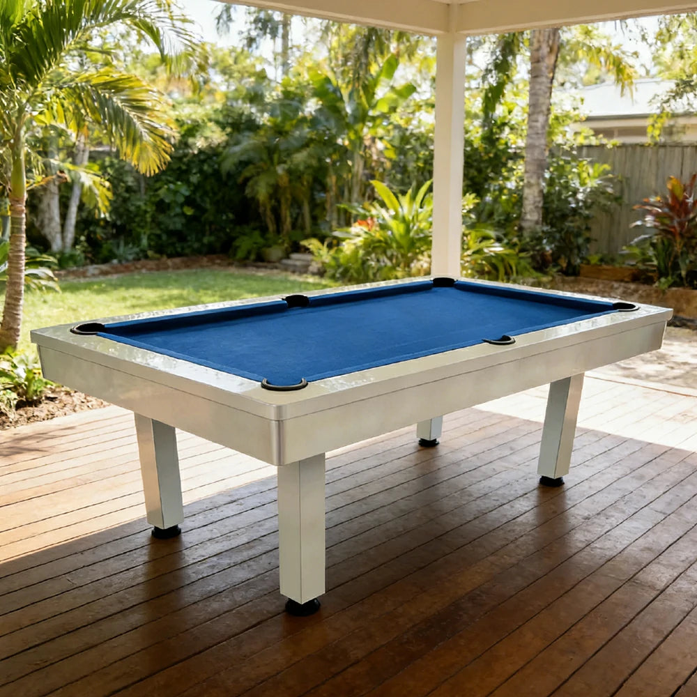 CUETIQ 7FT Outdoor Pool Table - Straight Leg Design Metal Frame Waterproof Billiard Table for Backyard Patio Games - White & Blue