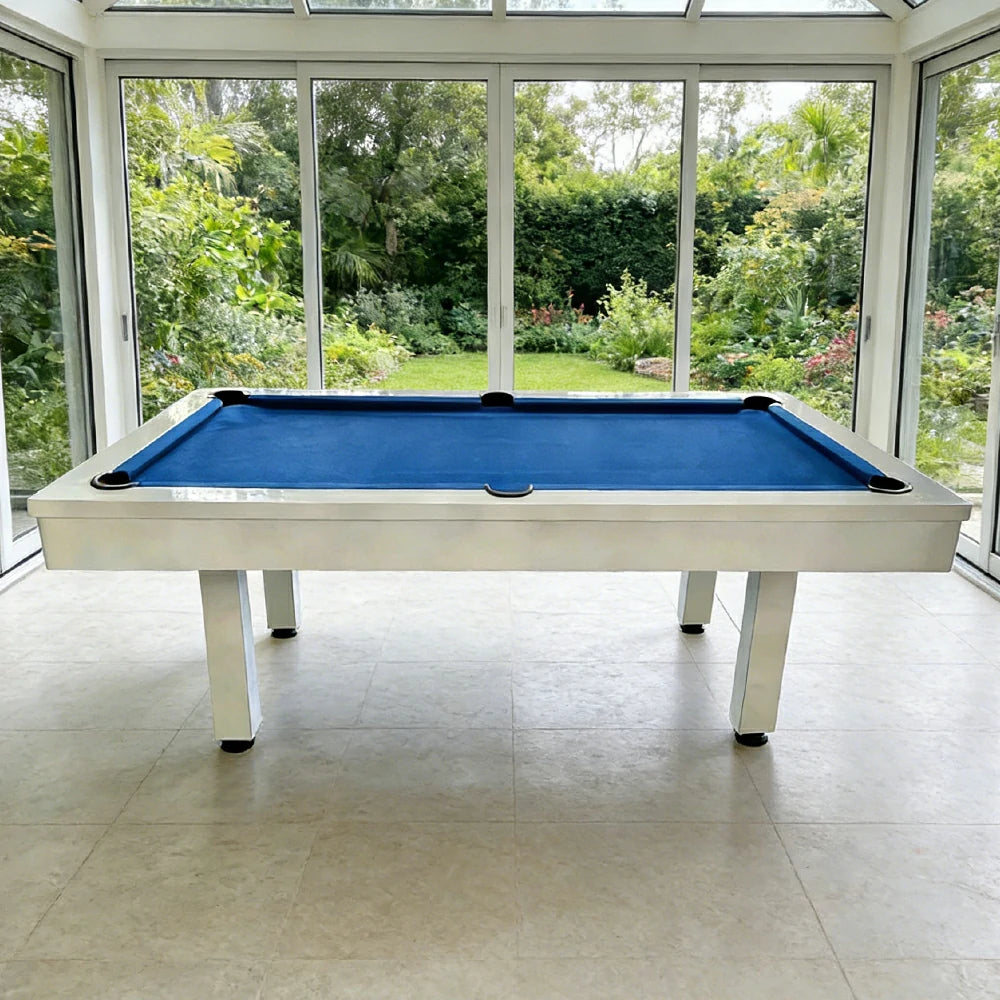 CUETIQ 7FT Outdoor Pool Table - Straight Leg Design Metal Frame Waterproof Billiard Table for Backyard Patio Games - White & Blue