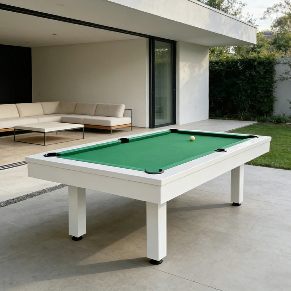 CUETIQ 7FT Outdoor Pool Table - Straight Leg Design Metal Frame Waterproof Billiard Table for Backyard Patio Games - White & Green