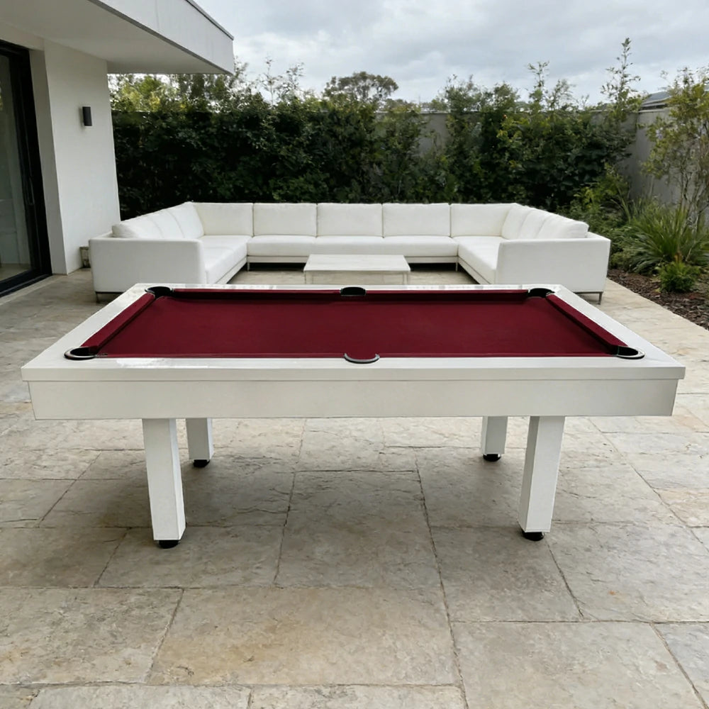 CUETIQ 7FT Outdoor Pool Table - Straight Leg Design Metal Frame Waterproof Billiard Table for Backyard Patio Games - White & Burgundy