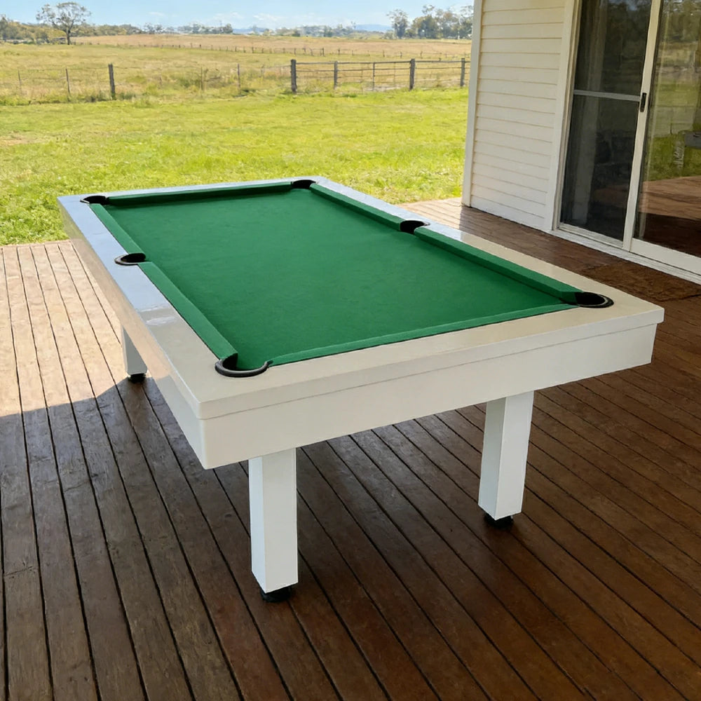 CUETIQ 7FT Outdoor Pool Table - Straight Leg Design Metal Frame Waterproof Billiard Table for Backyard Patio Games - White & Green