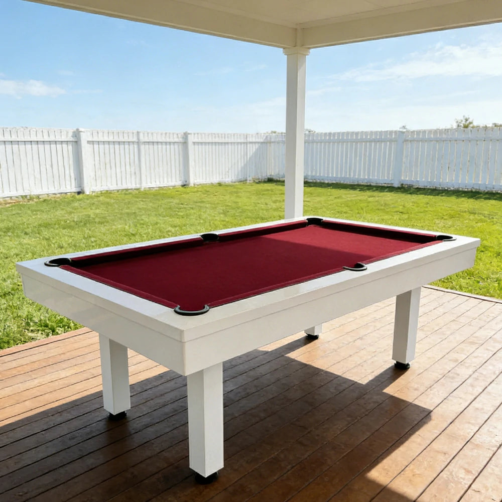 CUETIQ 7FT Outdoor Pool Table - Straight Leg Design Metal Frame Waterproof Billiard Table for Backyard Patio Games - White & Burgundy