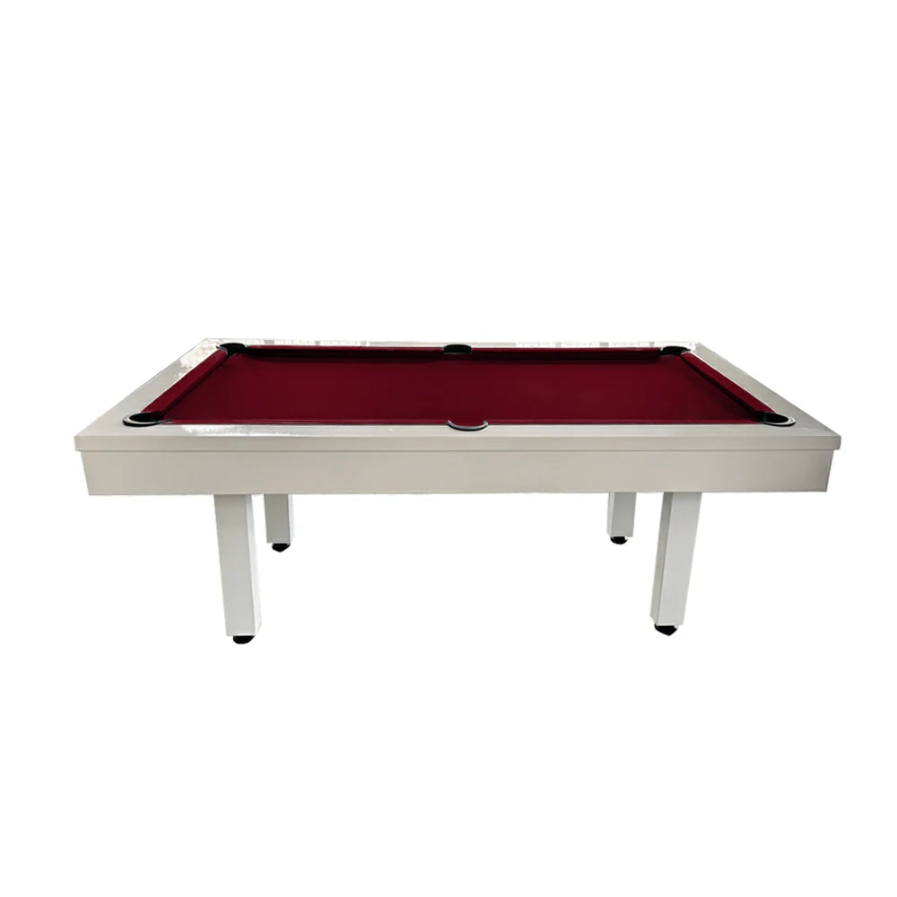 CUETIQ 7FT Outdoor Pool Table - Straight Leg Design Metal Frame Waterproof Billiard Table for Backyard Patio Games - White & Burgundy