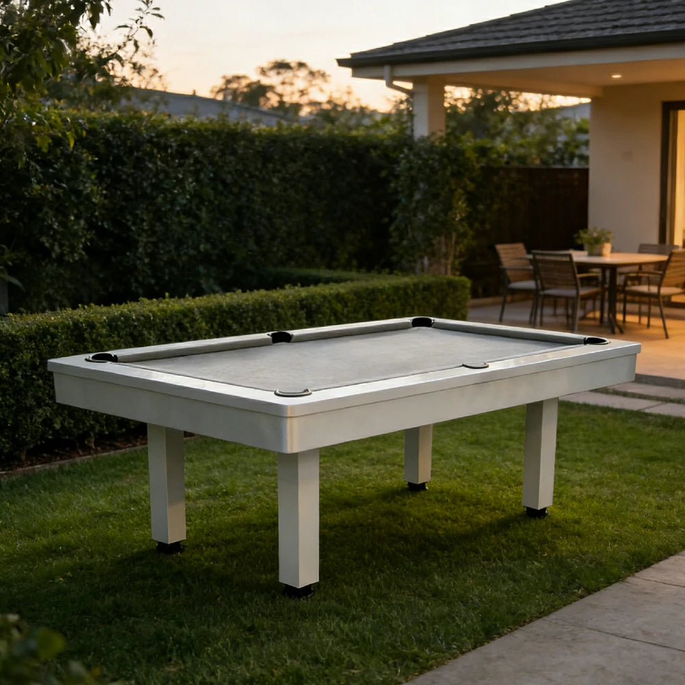 CUETIQ 7FT Outdoor Pool Table - Straight Leg Design Metal Frame Waterproof Billiard Table for Backyard Patio Games - White & Grey