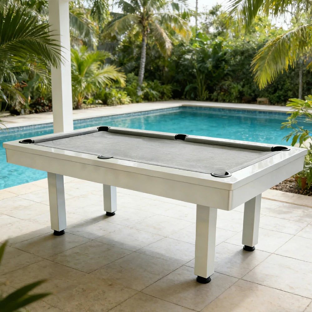 CUETIQ 7FT Outdoor Pool Table - Straight Leg Design Metal Frame Waterproof Billiard Table for Backyard Patio Games - White & Grey