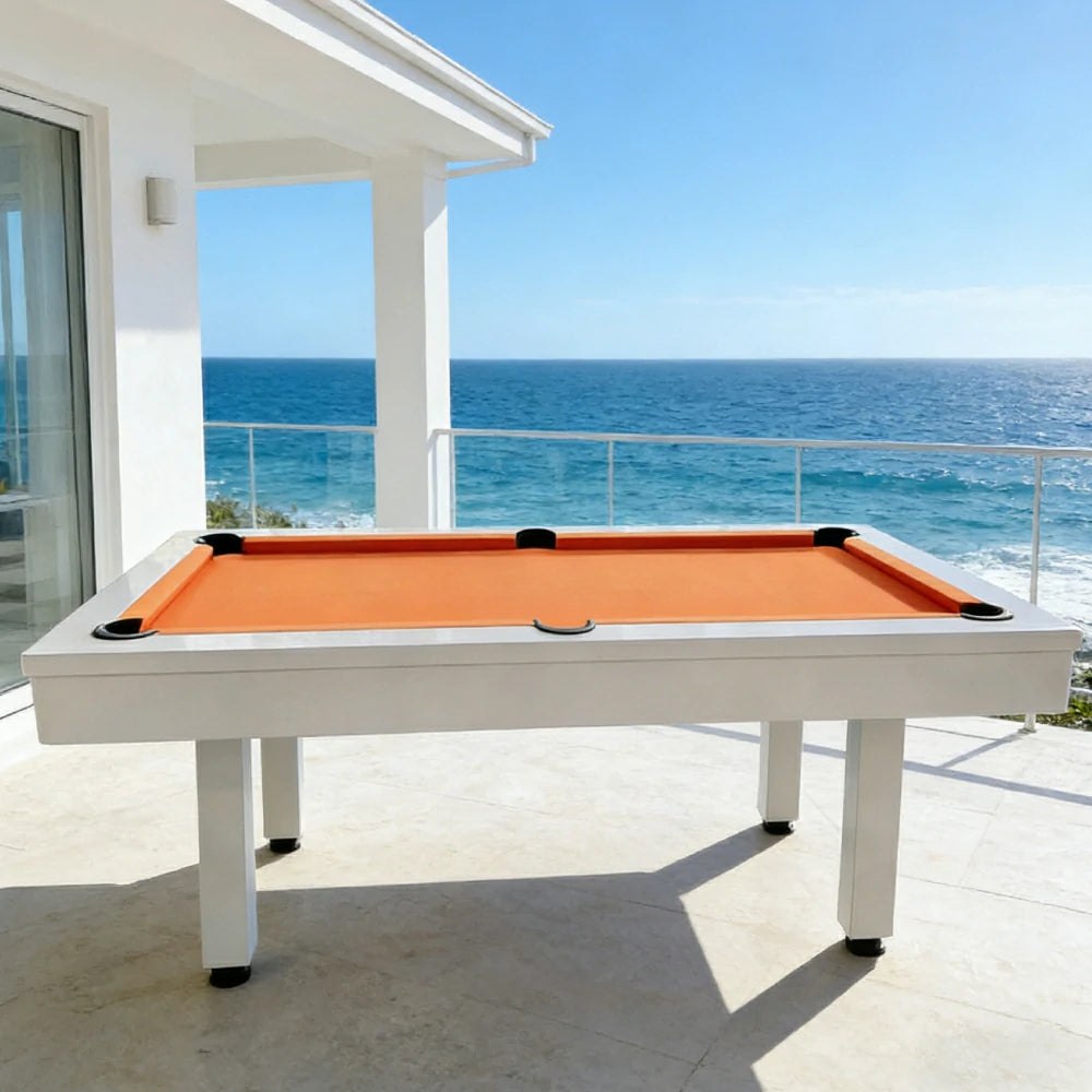 CUETIQ 7FT Outdoor Pool Table - Straight Leg Design Metal Frame Waterproof Billiard Table for Backyard Patio Games - White & Orange