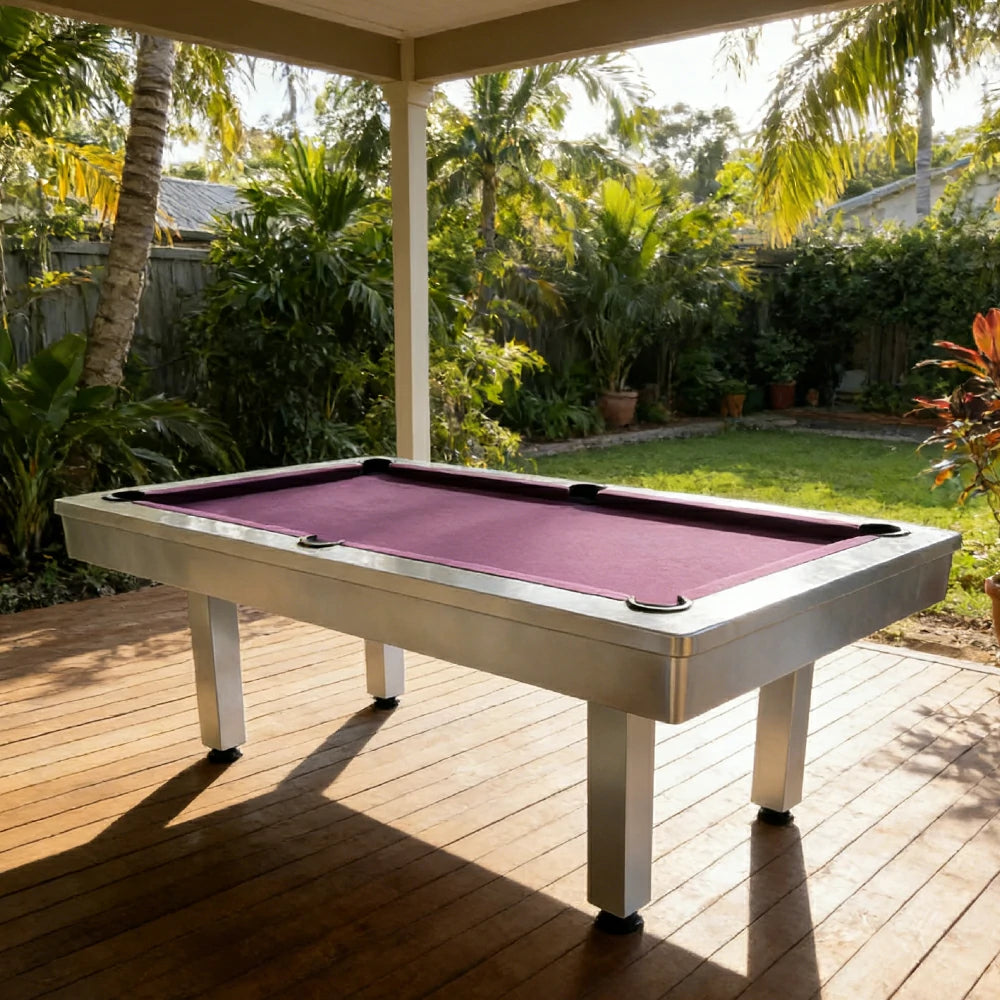 CUETIQ 7FT Outdoor Pool Table - Straight Leg Design Metal Frame Waterproof Billiard Table for Backyard Patio Games - White & Purple