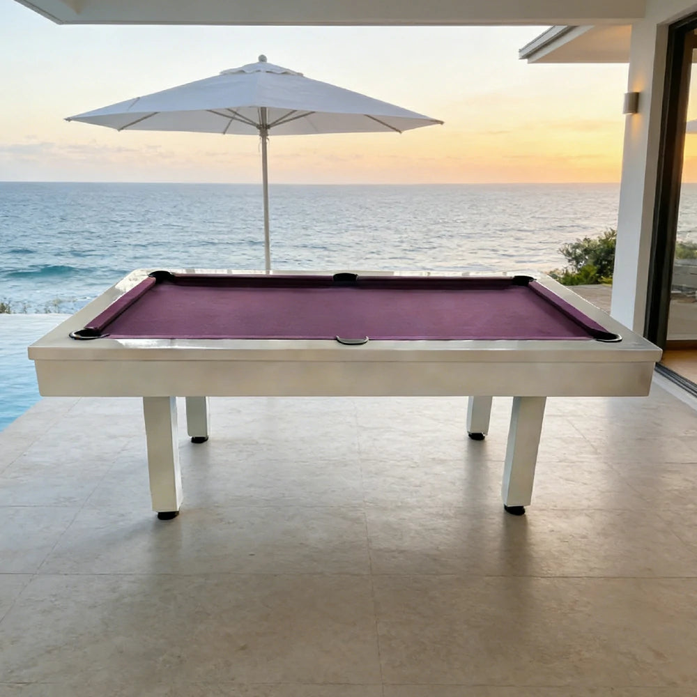 CUETIQ 7FT Outdoor Pool Table - Straight Leg Design Metal Frame Waterproof Billiard Table for Backyard Patio Games - White & Purple