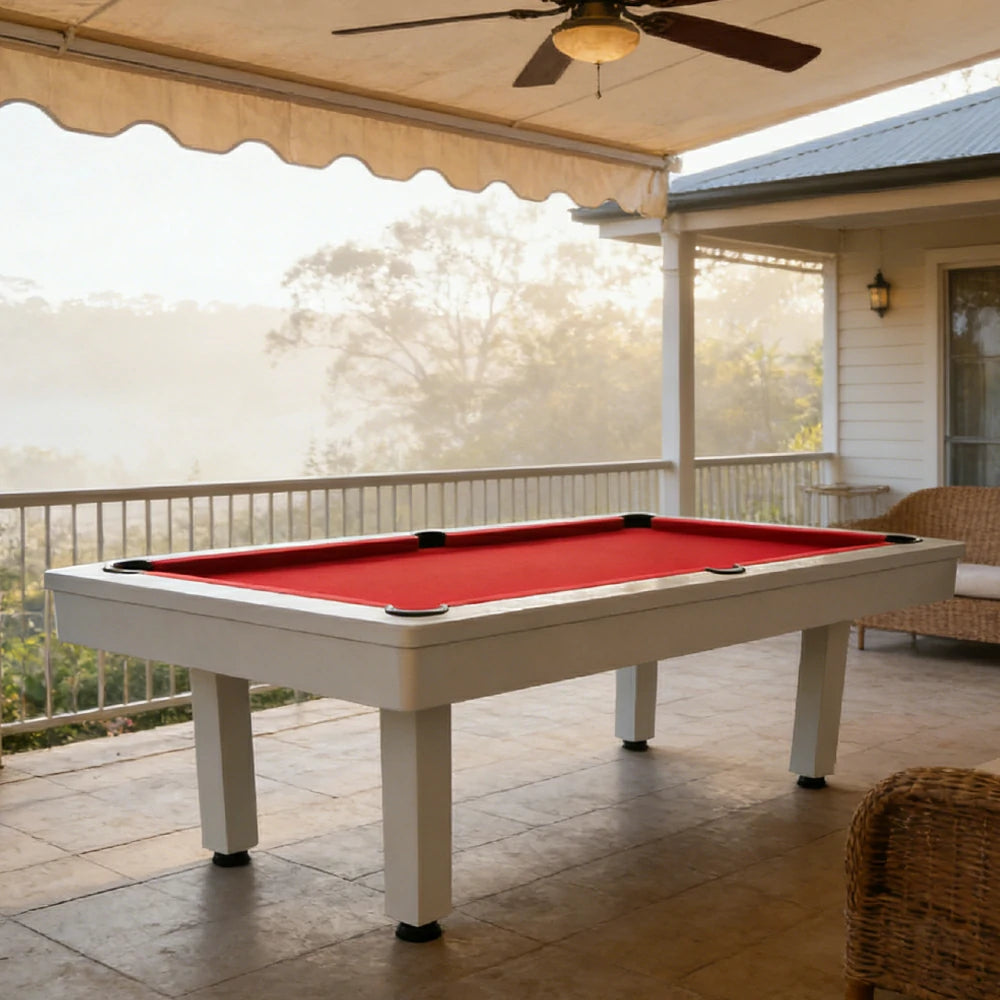 CUETIQ 7FT Outdoor Pool Table - Straight Leg Design Metal Frame Waterproof Billiard Table for Backyard Patio Games - White & Red