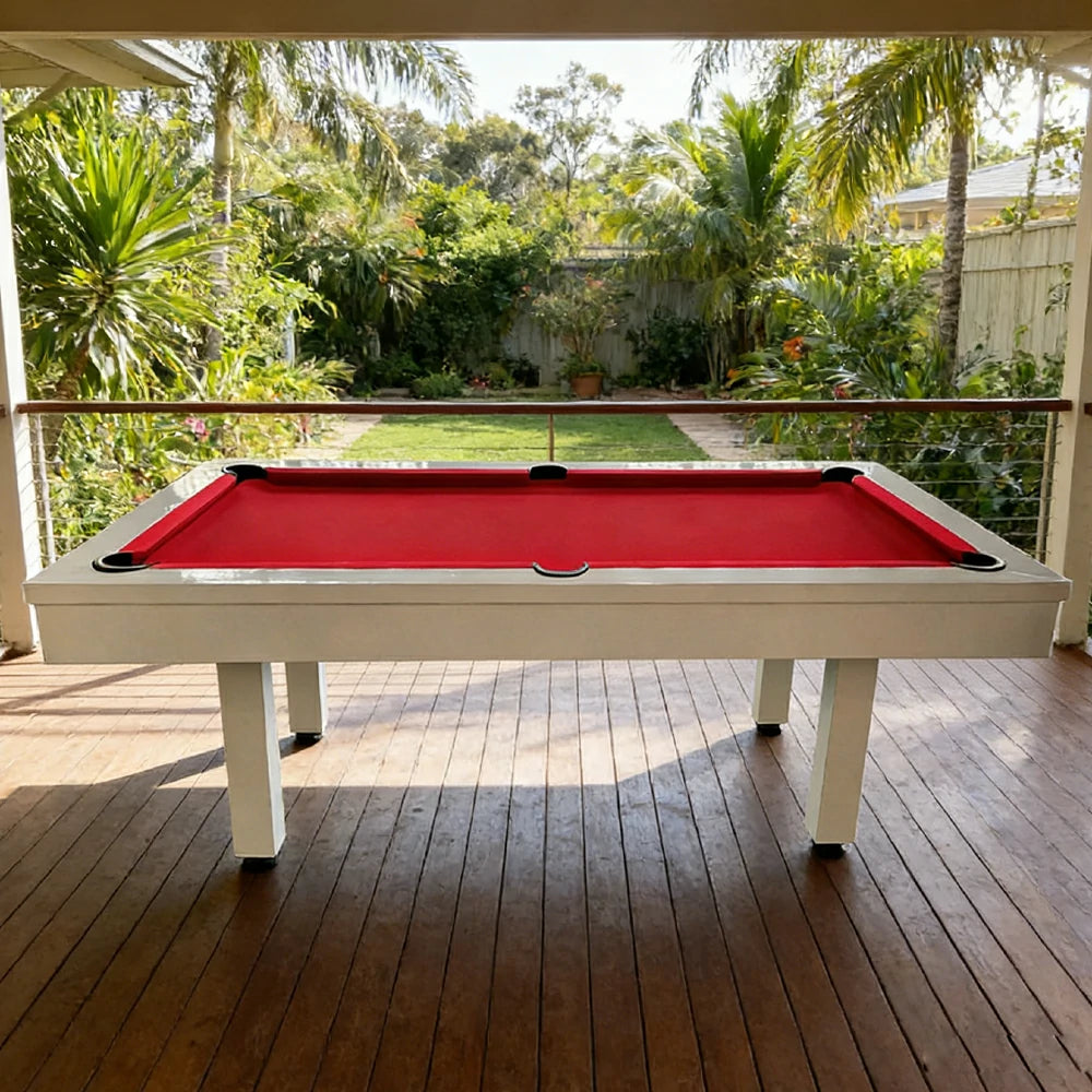 CUETIQ 7FT Outdoor Pool Table - Straight Leg Design Metal Frame Waterproof Billiard Table for Backyard Patio Games - White & Red