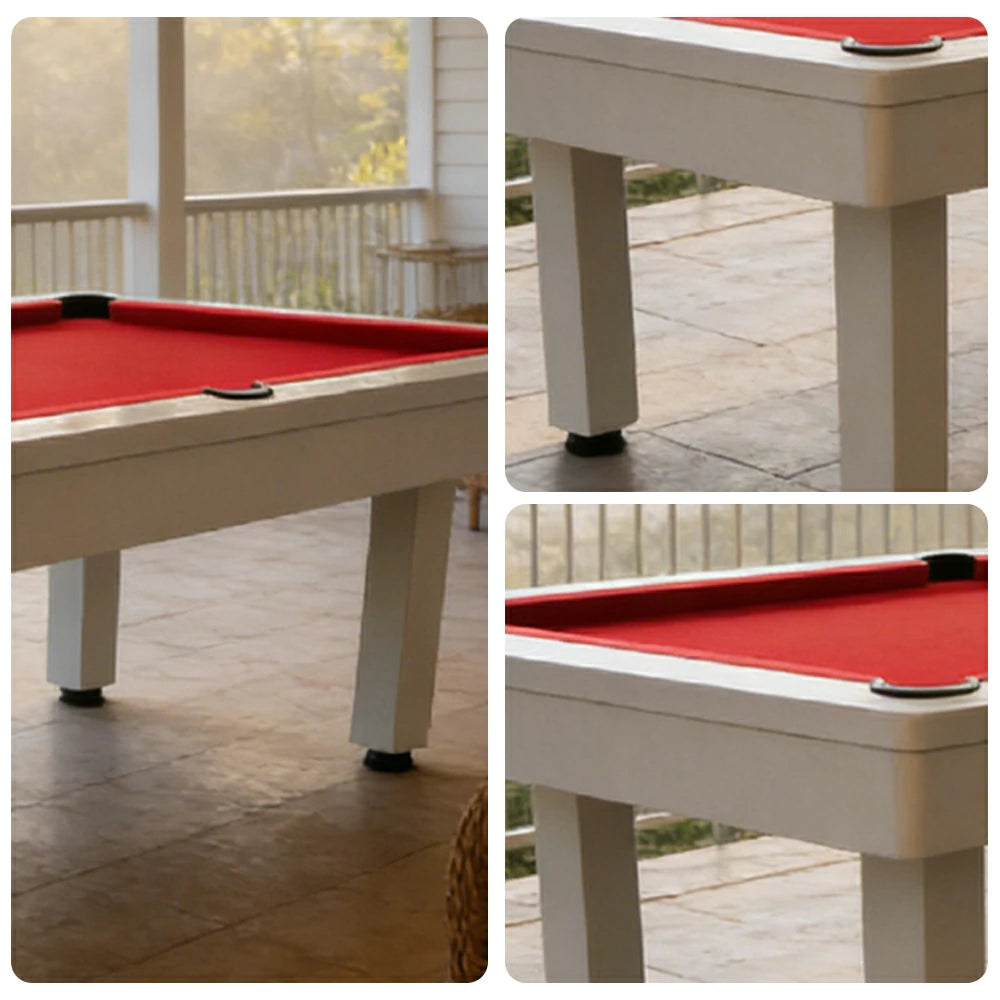 CUETIQ 7FT Outdoor Pool Table - Straight Leg Design Metal Frame Waterproof Billiard Table for Backyard Patio Games - White & Red