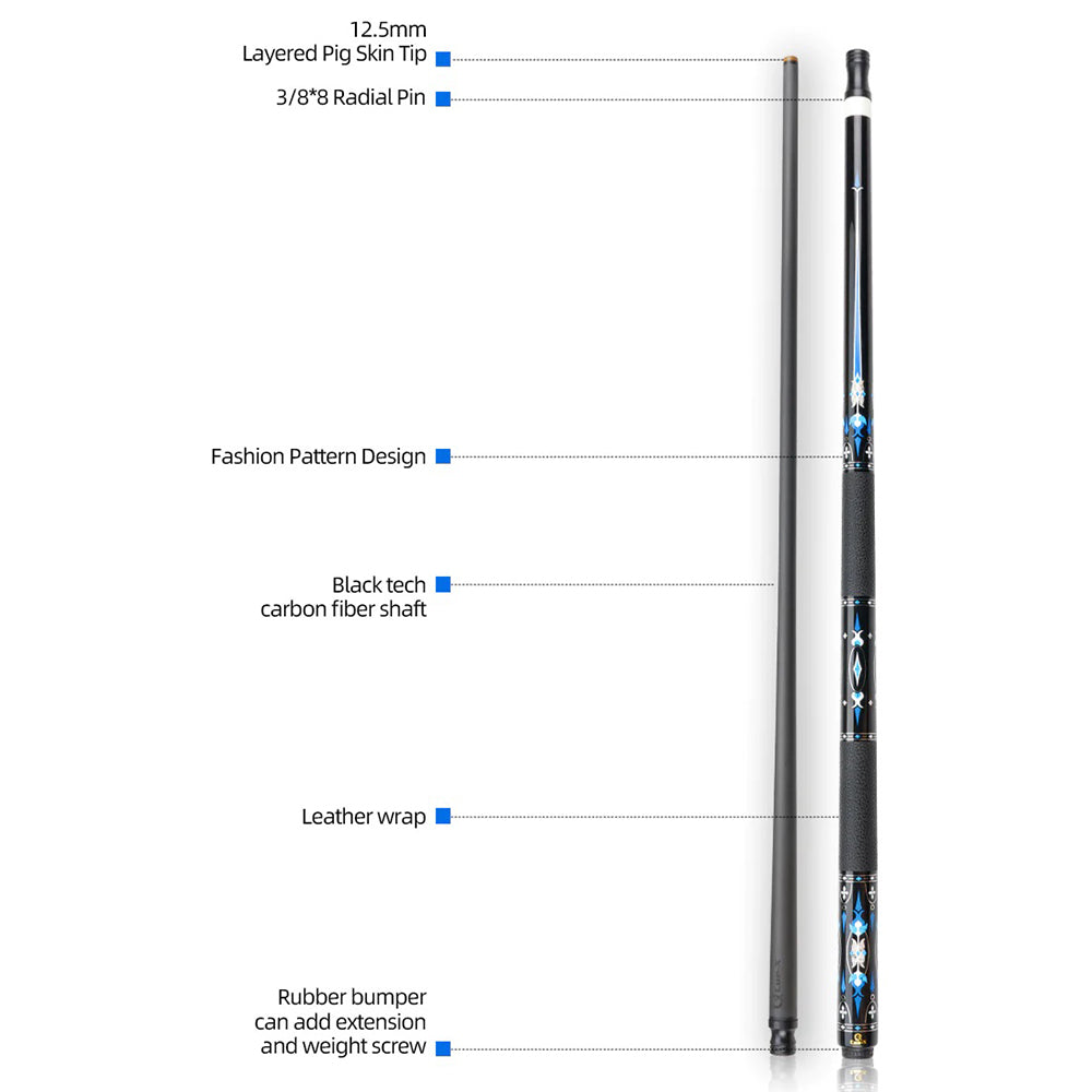 KONLLEN  Premier Professional HQ-10F 2-Piece Pool Cue Maple Wood 18.5-20OZ Billiard Cue 147CM - Blue&Black