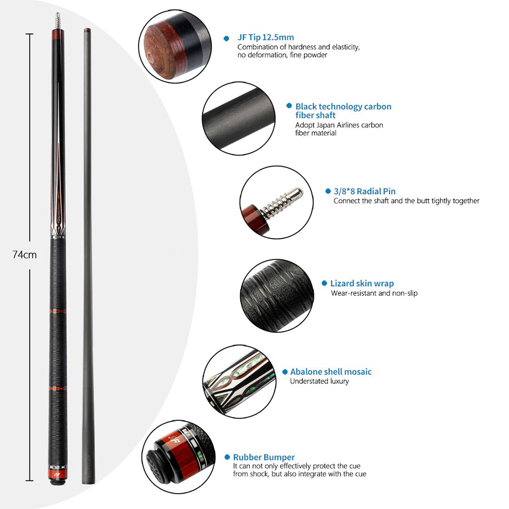 KONLLEN  Premier Professional JF20-21F 2-Piece Pool Cue Maple Wood 18.5-20OZ Billiard Cue 147CM - Red&Black