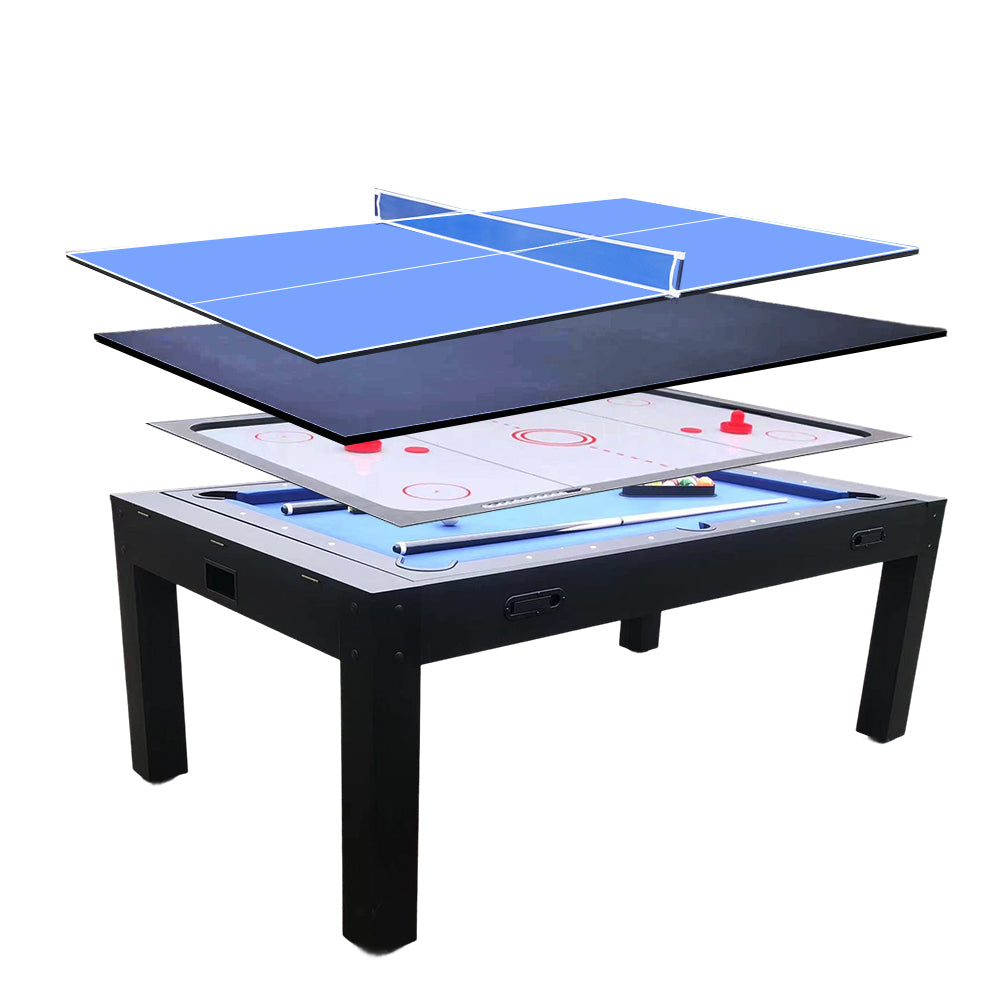 CUETIQ 7FT MDF 4-IN-1 Convertible Multi-function Table Free Accessories Air Hockey/ Billiards Table/ Dining Table/ Table Tennis Table - Black&Blue