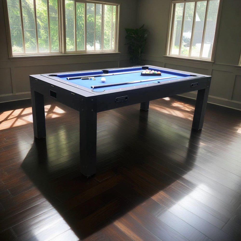 CUETIQ 7FT MDF 4-IN-1 Convertible Multi-function Table Free Accessories Air Hockey/ Billiards Table/ Dining Table/ Table Tennis Table - Black&Blue