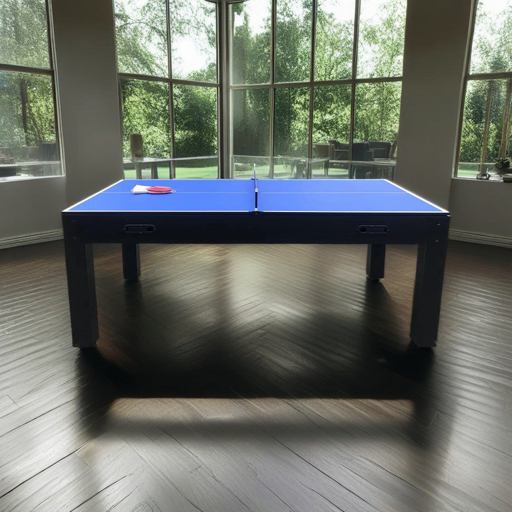 CUETIQ 7FT MDF 4-IN-1 Convertible Multi-function Table Free Accessories Air Hockey/ Billiards Table/ Dining Table/ Table Tennis Table - Black&Blue