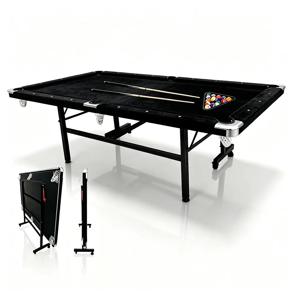 CUETIQ 8FT Foldable Pool Table Blue/Red/Green/Black Felt Billiard Table Free Accessory for Small Room