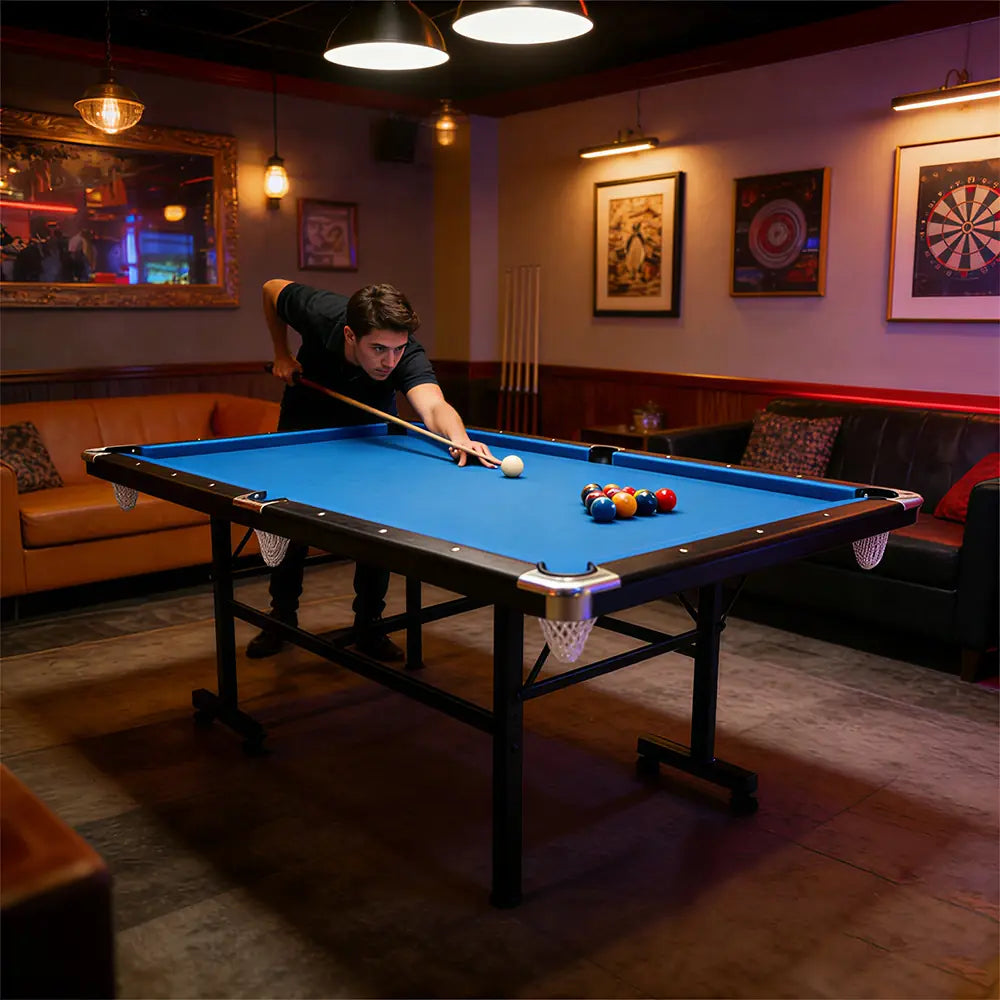 CUETIQ 8FT Foldable Pool Table Blue/Red/Green/Black Felt Billiard Table Free Accessory for Small Room