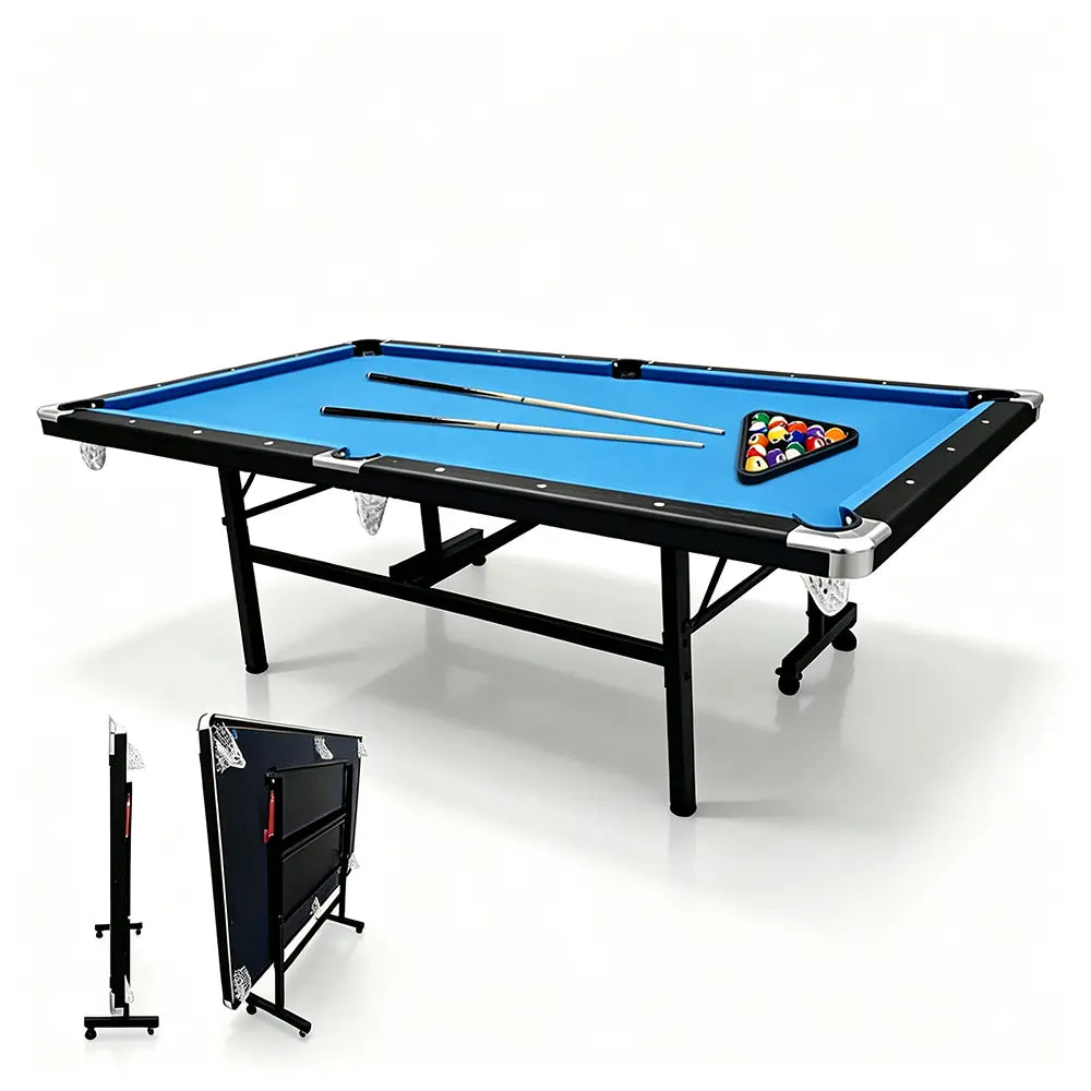 CUETIQ 8FT Foldable Pool Table Blue/Red/Green/Black Felt Billiard Table Free Accessory for Small Room