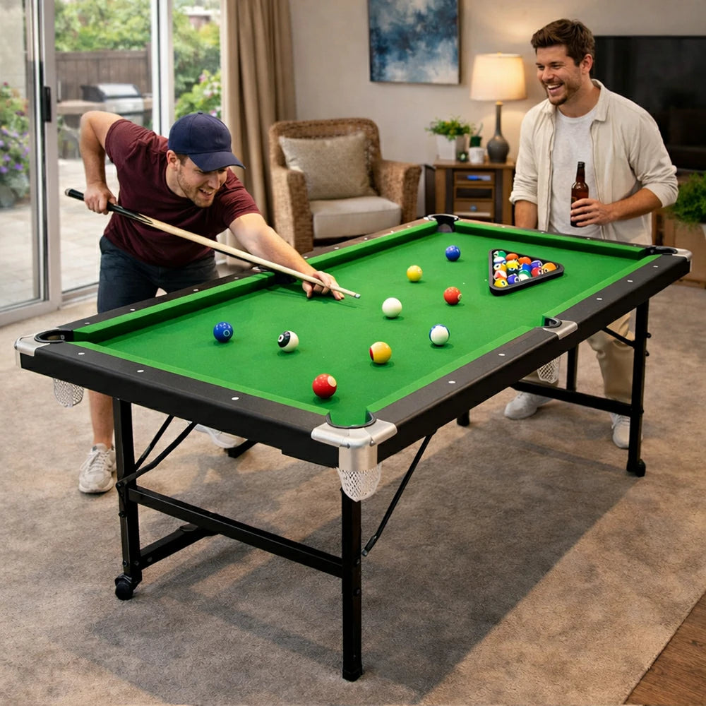 CUETIQ 8FT Foldable Pool Table Blue/Red/Green/Black Felt Billiard Table Free Accessory for Small Room