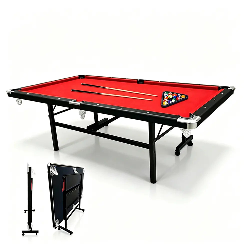 CUETIQ 8FT Foldable Pool Table Blue/Red/Green/Black Felt Billiard Table Free Accessory for Small Room