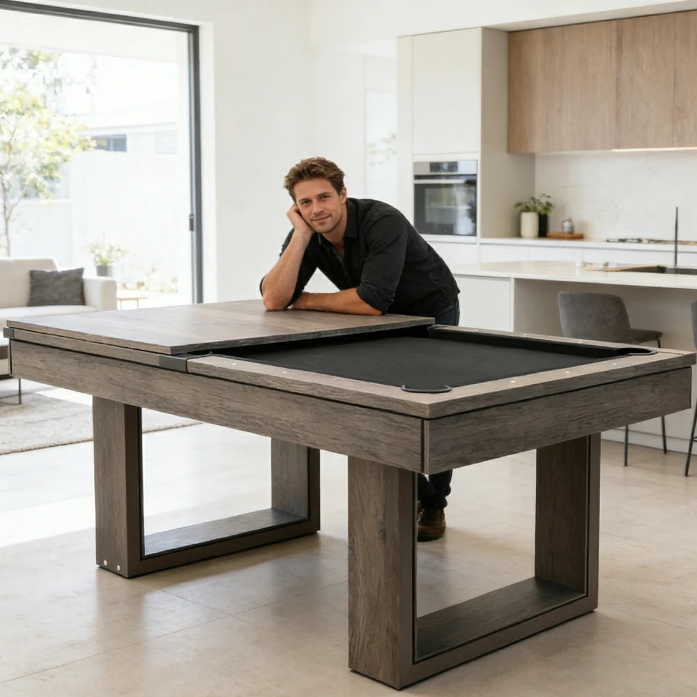 CUETIQ 8FT 3-IN-1 Simple Modern Pool Table/Billiards Table/Pingpong Table/Dining Table with Free Accessories - Oak Finish