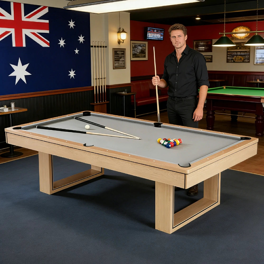 CUETIQ 8FT 3-IN-1 Simple Modern Pool Table/Billiards Table/Pingpong Table/Dining Table with Free Accessories - Oak Finish