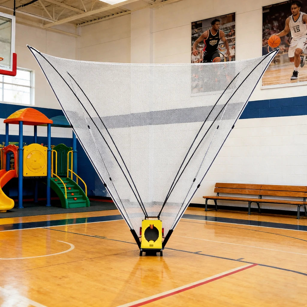 DUNK MASTER Portable Basketball Shooting Machine - Foldable Mobile Design, Reinforced Steel Frame, Silent Wheels for Multi-Surface Use - Yellow