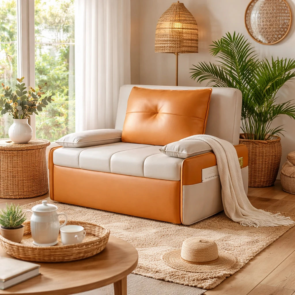 LIVARA 77/113cm Sofa Bed, Sofa to Bed Design, Leather-Look Performance Fabric, Steel Frame, Side Storage Pocket - Beige&Orange