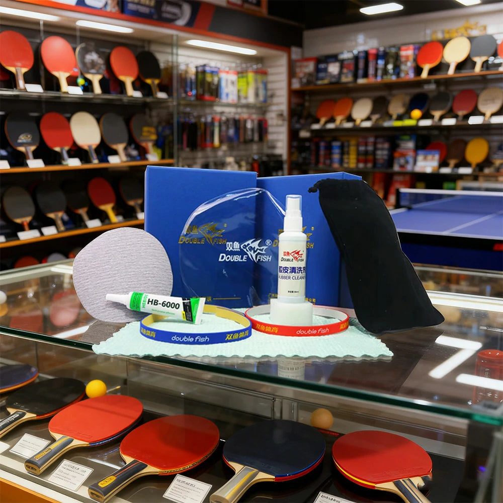 DOUBLE FISH Table Tennis Care Kit Gift Set - Cleaning, Edge Protection, Self-Bonding Tools, Portable Storage - Blue
