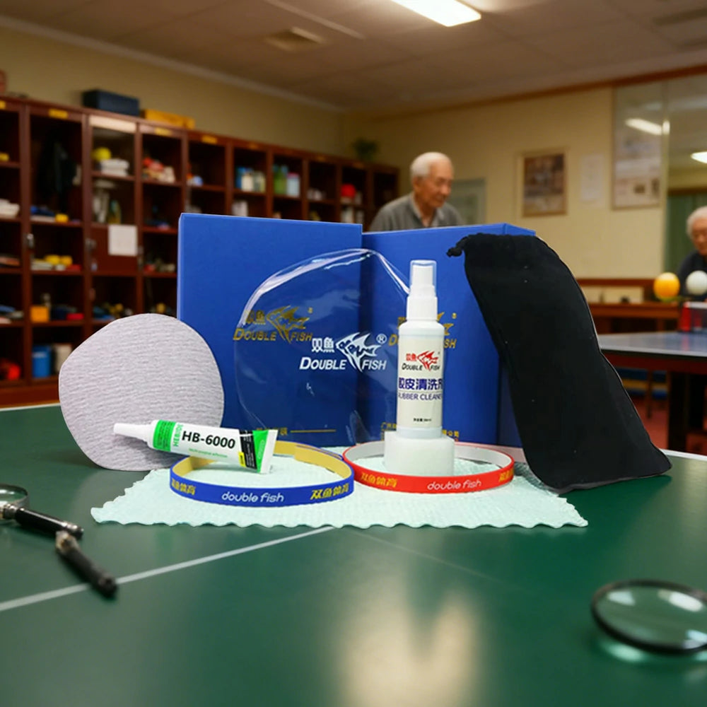 DOUBLE FISH Table Tennis Care Kit Gift Set - Cleaning, Edge Protection, Self-Bonding Tools, Portable Storage - Blue