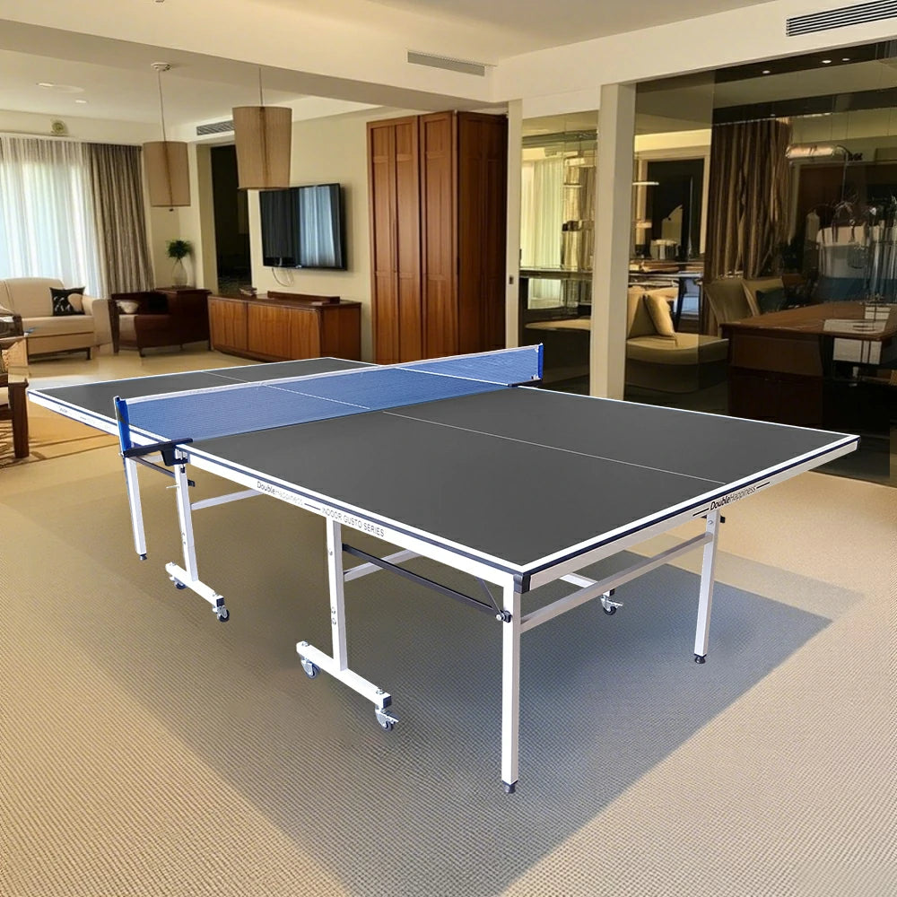 DOUBLE HAPPINESS Premium 13mm Indoor Black&Blue Foldable Solo Play Table Tennis Pingpong Table - Bats Balls Net