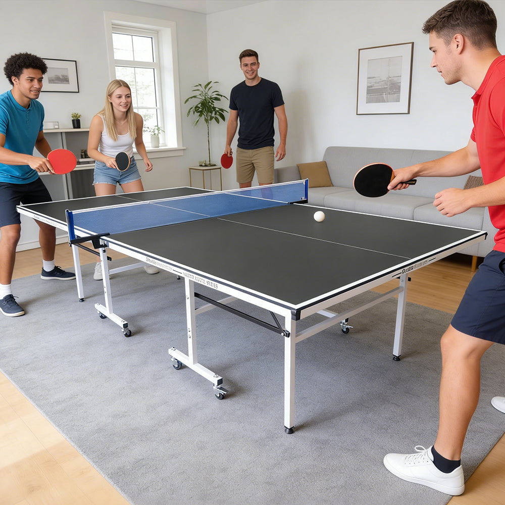 DOUBLE HAPPINESS Premium 13mm Indoor Black&Blue Foldable Solo Play Table Tennis Pingpong Table - Bats Balls Net