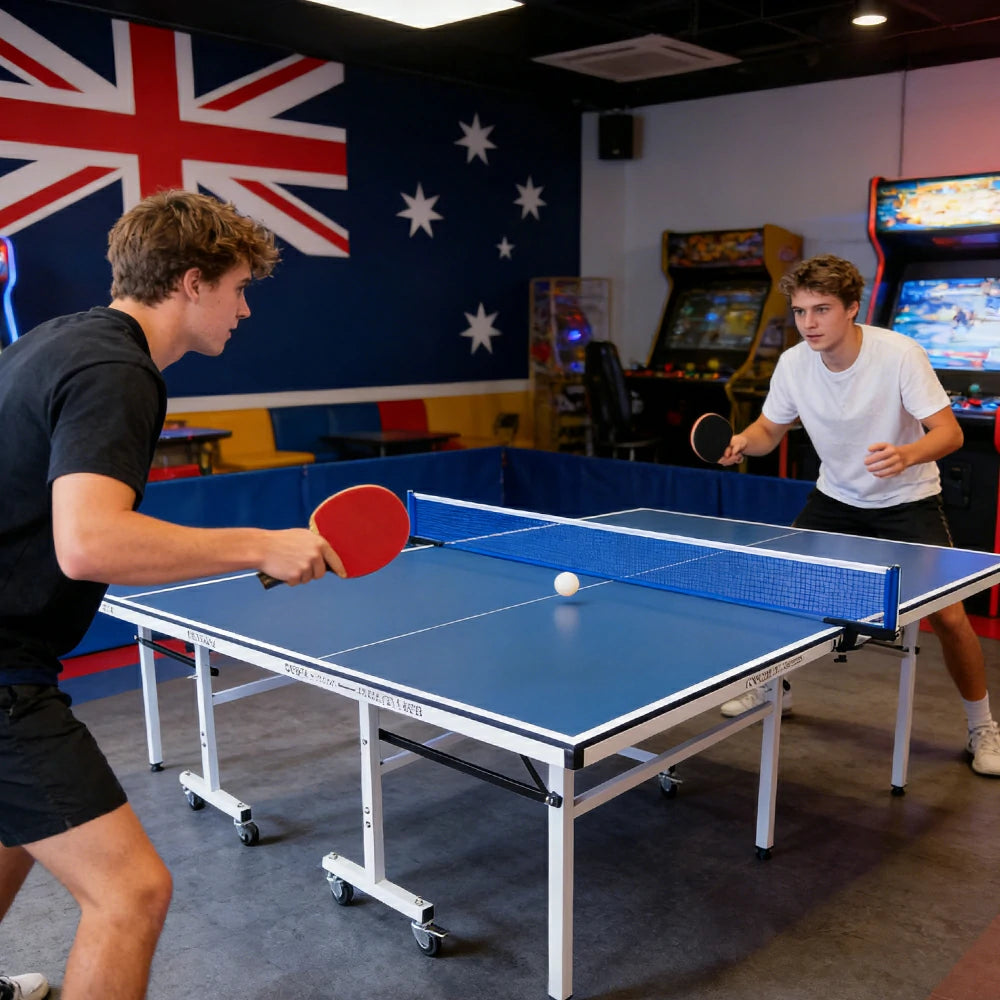 DOUBLE HAPPINESS Premium 13mm Indoor Black&Blue Foldable Solo Play Table Tennis Pingpong Table - Bats Balls Net