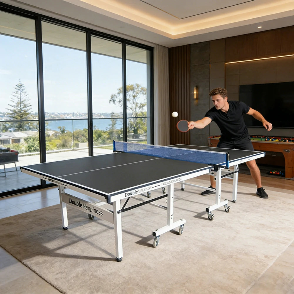 DOUBLE HAPPINESS Premium 16mm Indoor Black&Blue Foldable Solo Play Table Tennis Pingpong Table - Bats Balls Net