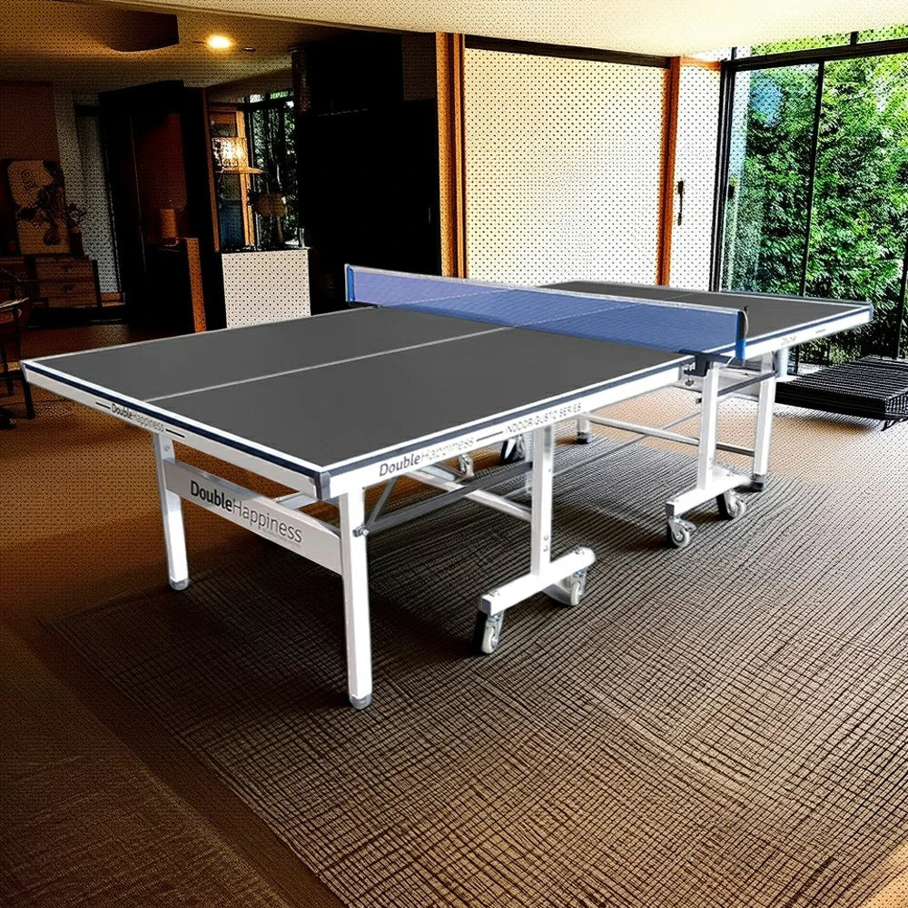 DOUBLE HAPPINESS Premium 16mm Indoor Black&Blue Foldable Solo Play Table Tennis Pingpong Table - Bats Balls Net